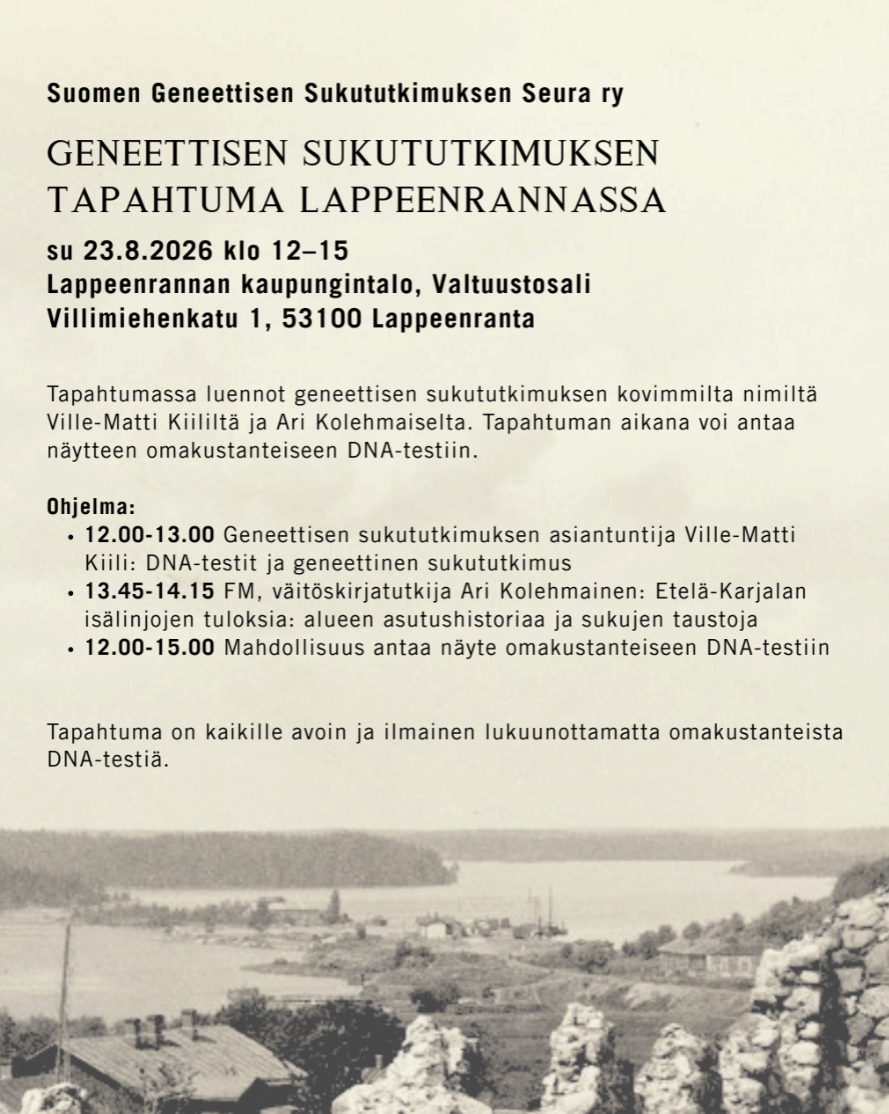 Geneettisen sukututkimuksen tapahtuma Lappeenrannassa 23.8.2026